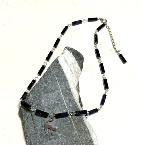 Dark Blue Goldstone Short Necklace w/ Silver Cute Slim Cat Pendant - Picture 4 of 14